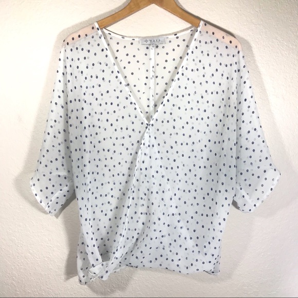 Wayf Tops - WAYF White & Blue Polka Dot Faux Wrap Blouse